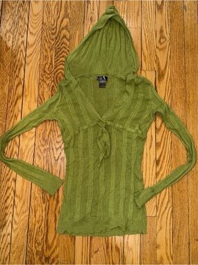 mandee Olive Green Hooded V-Neck Tie-Front Rib Knit Sweater